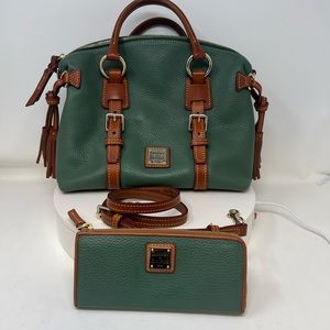 Dooney & Bourke Green Bristol Satchel with extra long strap and matching Wallet